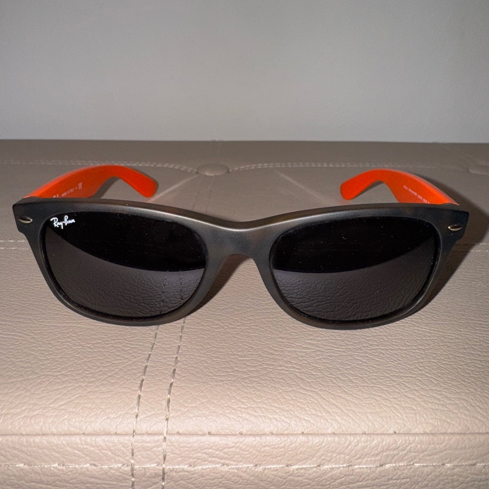 Ray-Ban New Wayfarer RB2132 tortoise colored frame, navy 
& orange temples 55mm